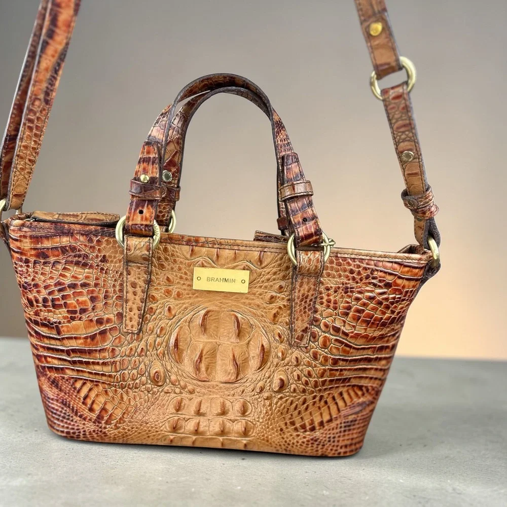 Brahmin Mini Asher Satchel Bag Pecan Melbourne Croc‎ Embossed Leather Crossbody